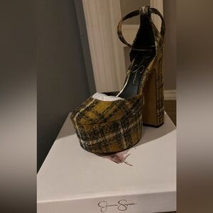 Jessica Simpson Yellow and Black Plaid Platform Heels